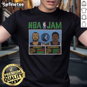 Alt Text: Official NBA Jam Timberwolves Gobert and Edwards T-shirt featuring vibrant team graphics and player names.