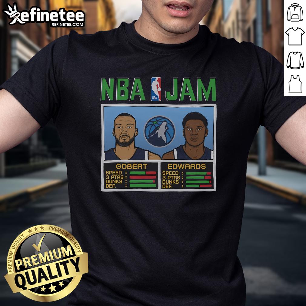Alt Text: Official NBA Jam Timberwolves Gobert and Edwards T-shirt featuring vibrant team graphics and player names.