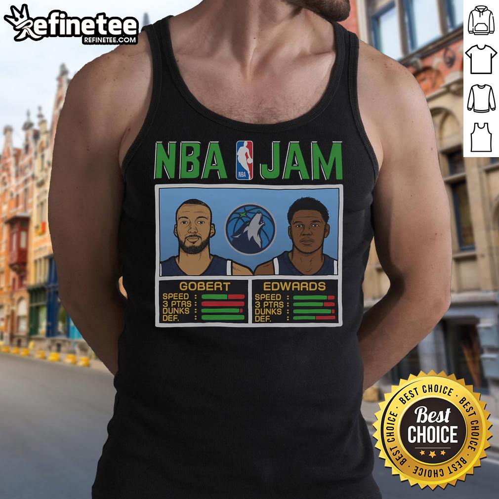 Official NBA Jam Timberwolves Gobert and Edwards tank top featuring vibrant team colors and player graphics.