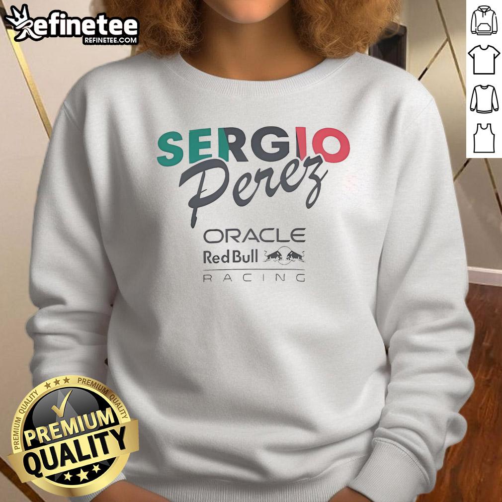 Alt Text: Official Oracle Red Bull Racing Junior Sergio Perez flag sweatshirt featuring bold team colors and logo.