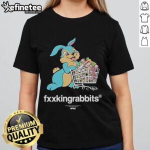 Official Rabbit with Shopping Cart Ladies Tee featuring a playful rabbit graphic and stylish design for women.