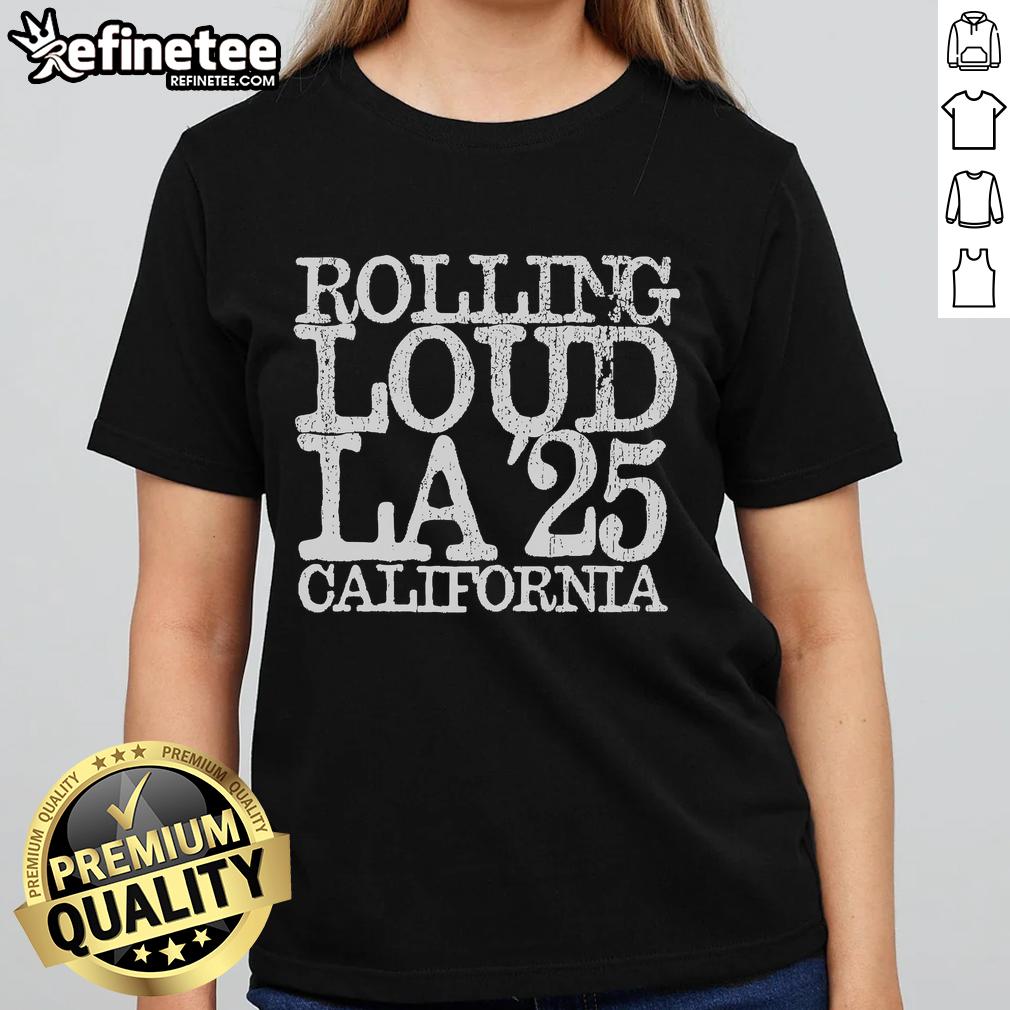 Official Rolling Loud LA 25 California ladies tee featuring vibrant design and comfortable fit for festival fans.