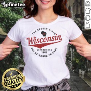 Alt Text: Official Wisconsin Est. 1848 Badger State map pride ladies tee showcasing Wisconsin's iconic features and history.