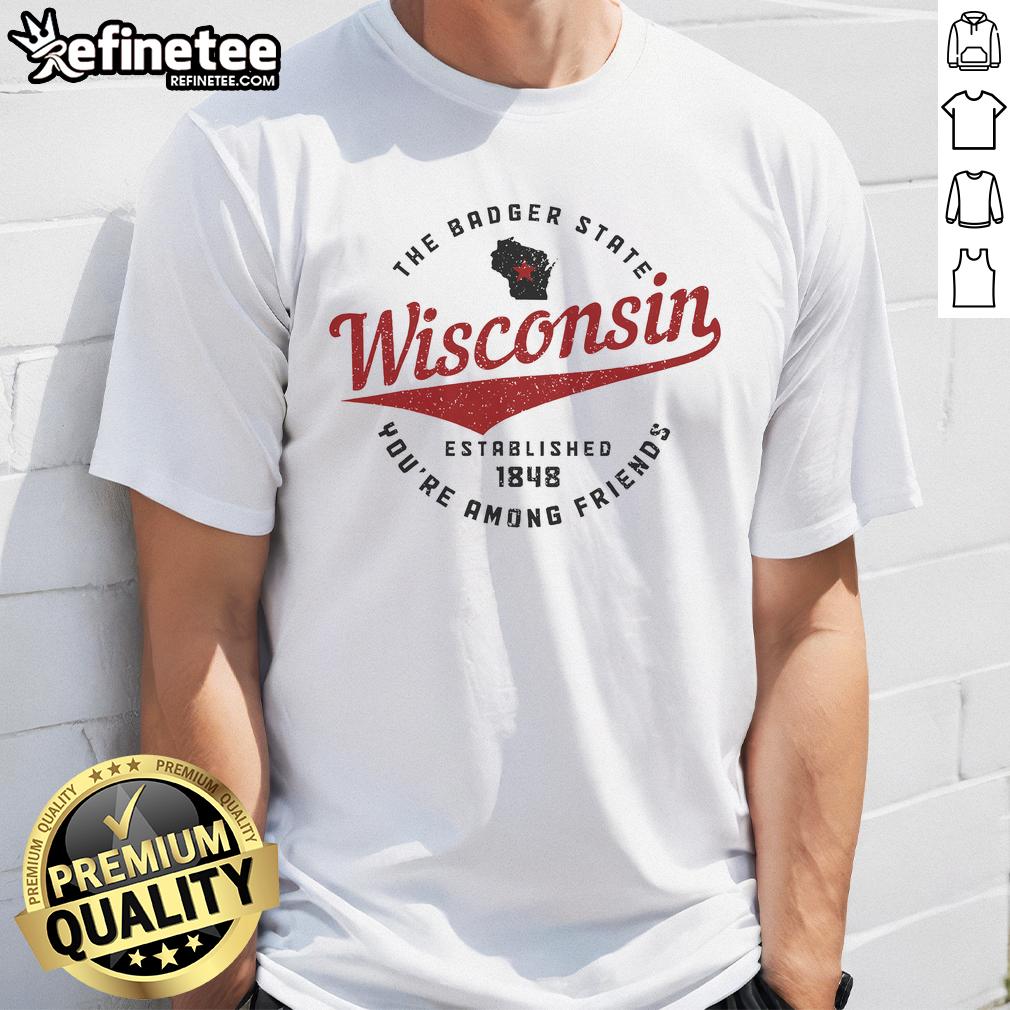 Alt Text: Wisconsin Est. 1848 Badger State map graphic on a pride T-shirt, showcasing state pride and heritage.