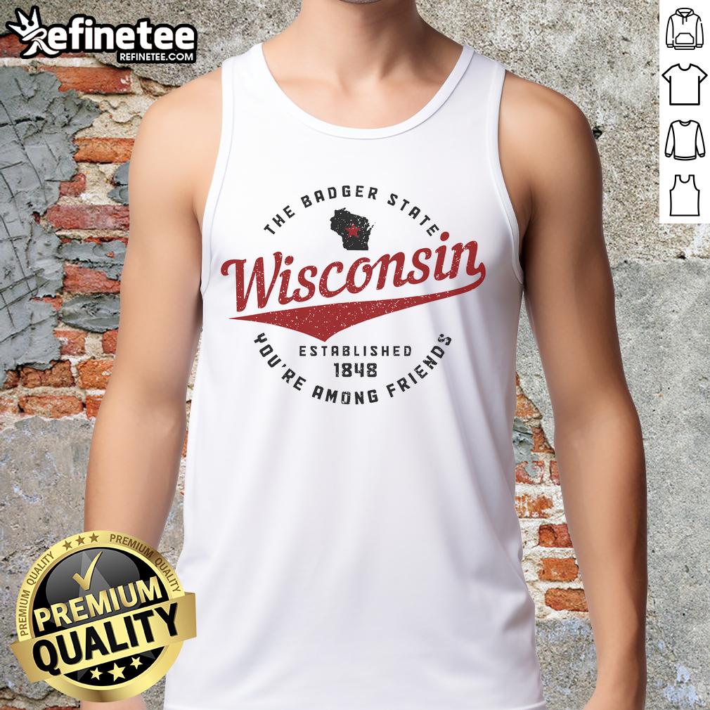 Official Wisconsin Est. 1848 Badger State Map Pride Tank Top showcasing vibrant state map design and bold colors.