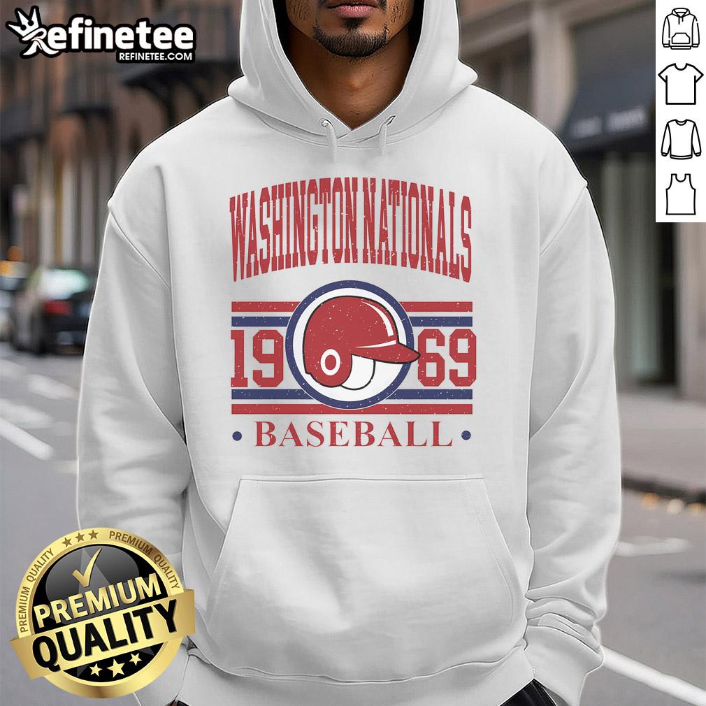 Alt Text: Vintage 1969 Washington Nationals baseball team hoodie featuring classic logo and retro design in vibrant colors.