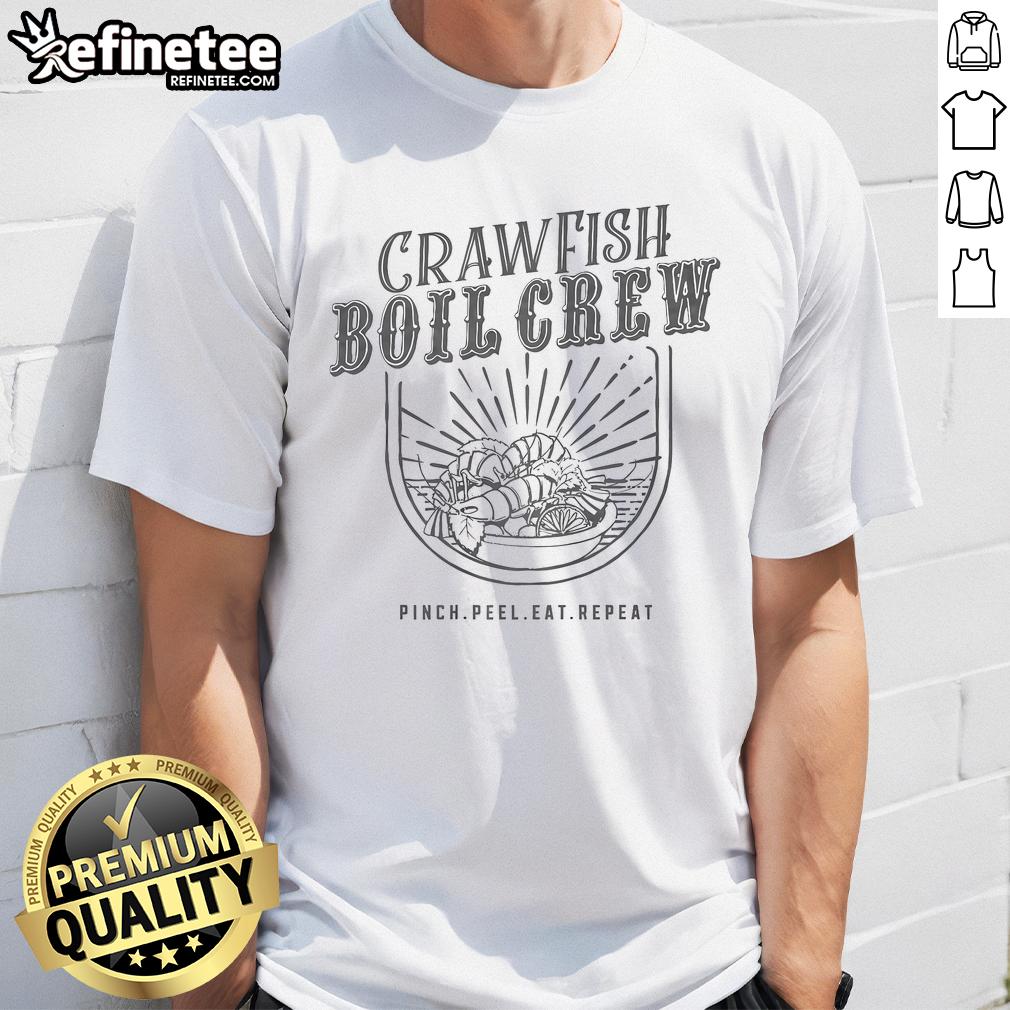 Alt Text: Pretty Crawfish Boil Crew Pinch Peel Eat Repeat T-Shirt design featuring vibrant graphics and playful text for seafood lovers.
