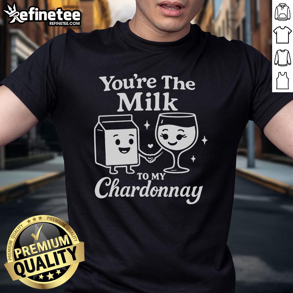 Alt Text: Funny You're The Milk To My Chardonnay cute wine t-shirt design featuring playful typography and wine graphics.