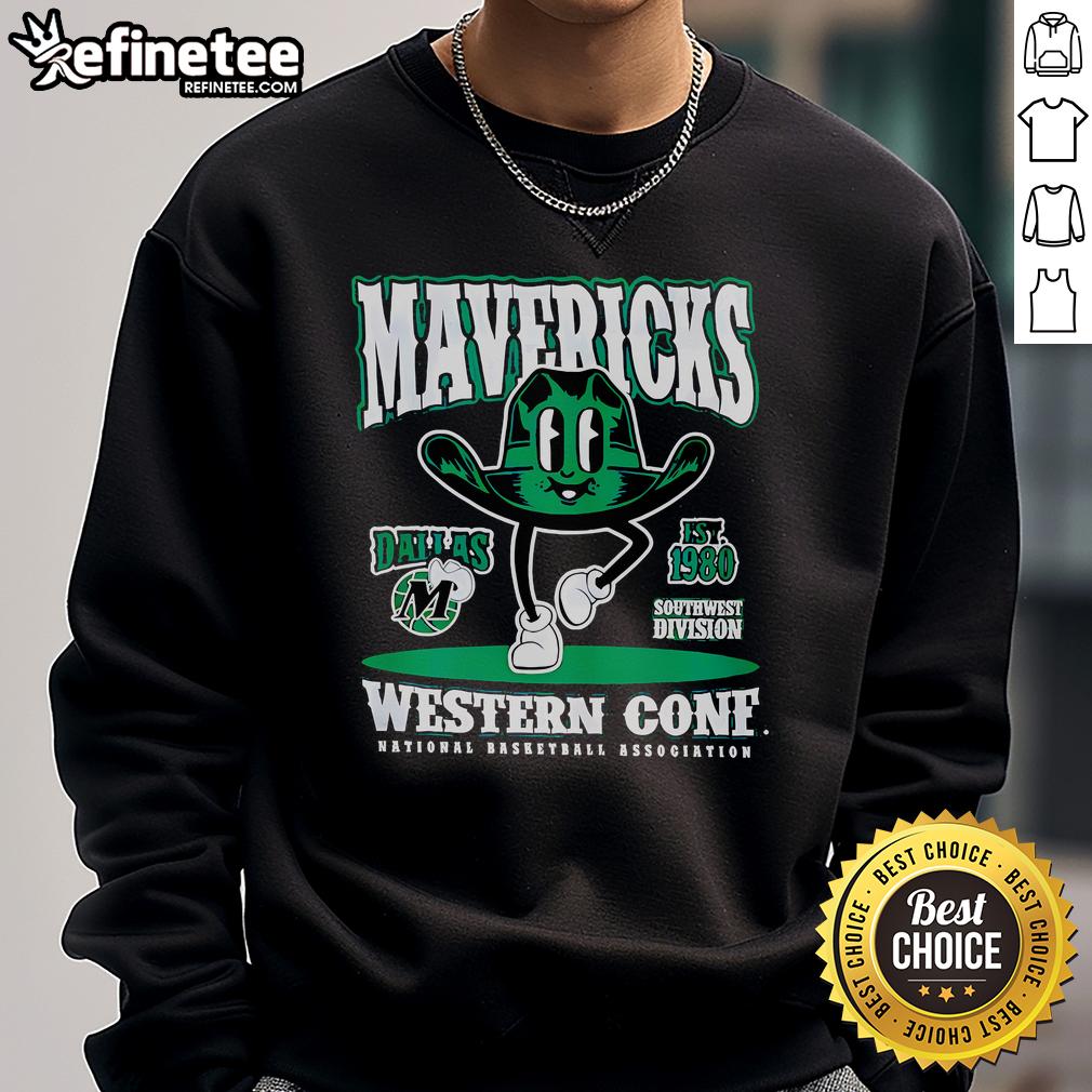 Alt Text: Good Dallas Mavericks Mitchell And Ness retro mascot sweatshirt featuring vibrant team colors and logo design.