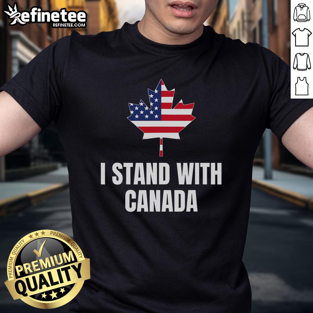 Alt Text: Good I Stand With Canada America t-shirt featuring Canadian and USA flags, perfect for patriotic celebrations.