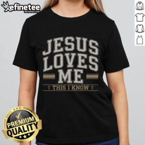 Christian ladies tee featuring 'Jesus Loves Me This I Know' design, perfect for expressing faith and style.