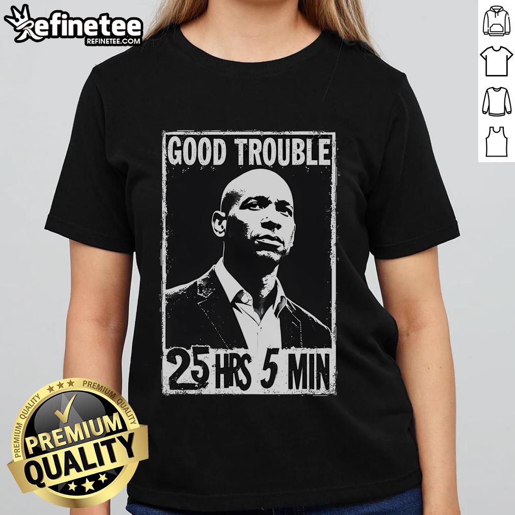 Good Necessary Trouble book by Corey Booker displayed on a ladies tee, perfect for fans of inspiring literature.