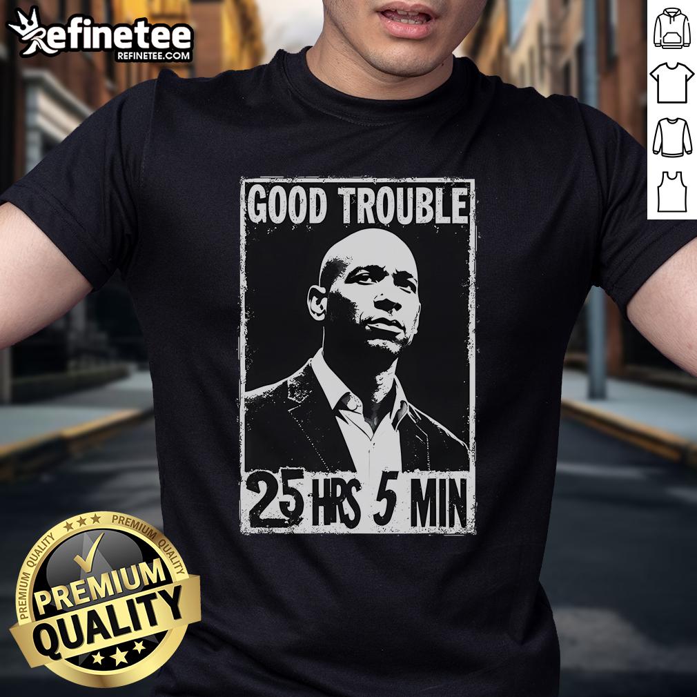 Corey Booker 'Good Necessary Trouble' T-Shirt featuring 25 Hrs and 5 Mins slogan, perfect for activists and supporters.