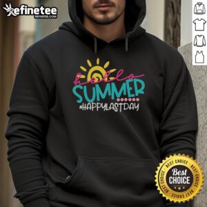 Happy last day of school with teacher and student wearing summer hoodies, celebrating the start of summer break.