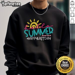 Happy Last Day of School: Teacher and student in 'Hello Summer' sweatshirt celebrating summer break together.