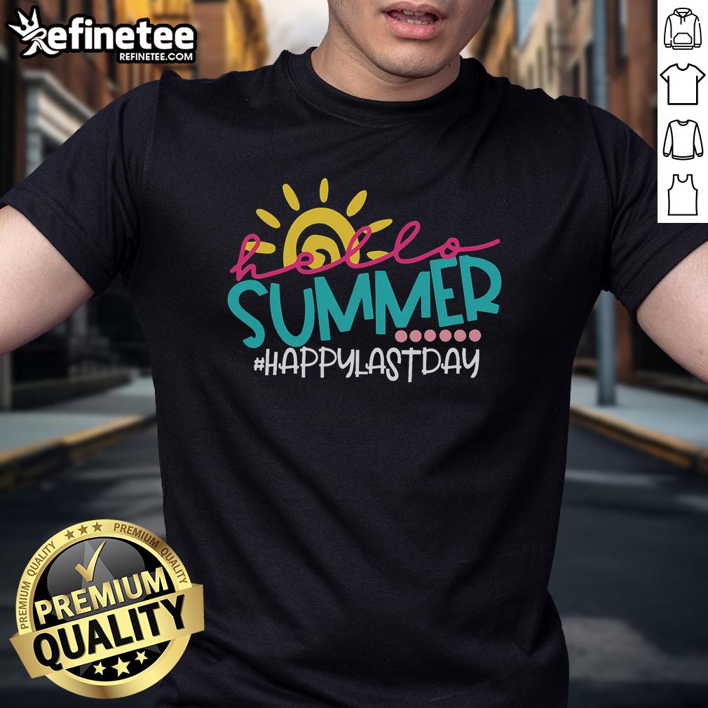 Happy Last Day of School T-Shirt featuring teacher and student celebrating summer break with vibrant colors and fun graphics.