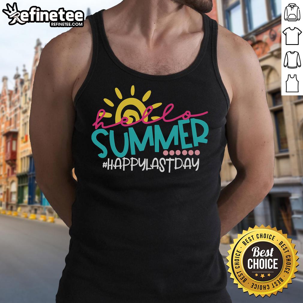 Happy Last Day of School tank top featuring a teacher and student celebrating the start of summer.