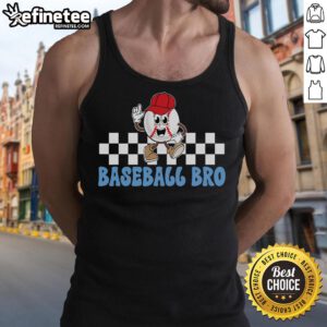 Alt Text: Proud baseball brother wearing a tank top that celebrates his sibling's passion for the sport. Perfect for baseball fans!