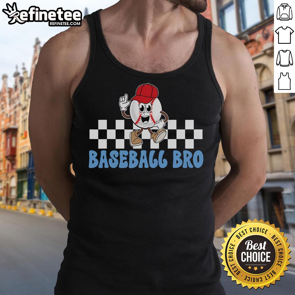Alt Text: Proud baseball brother wearing a tank top that celebrates his sibling's passion for the sport. Perfect for baseball fans!