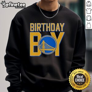 Alt Text: Cute birthday boy wearing a Golden State Warriors logo sweatshirt, celebrating in style with sports-themed attire.