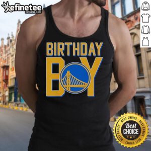 Alt Text: Birthday boy wearing a Golden State Warriors logo tank top, celebrating in style with sports-themed attire.