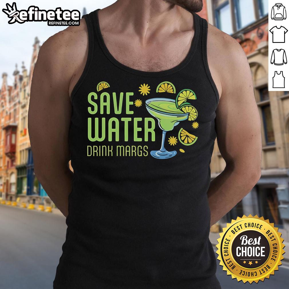 Trendy tank top featuring 'Save Water, Drink Margs' slogan, perfect for cocktail lovers and summer fun.