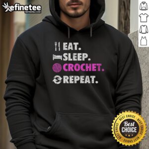 Retro hoodie featuring 'Eat Sleep Crochet Repeat' design, perfect for crafty family gatherings and crochet enthusiasts.