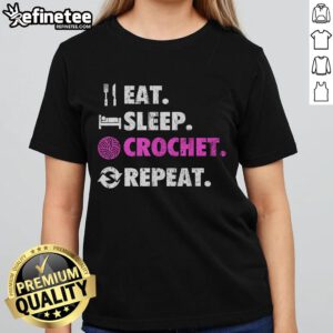 Retro ladies tee with 'Eat, Sleep, Crochet, Repeat' design, perfect for crafty families and crochet enthusiasts.