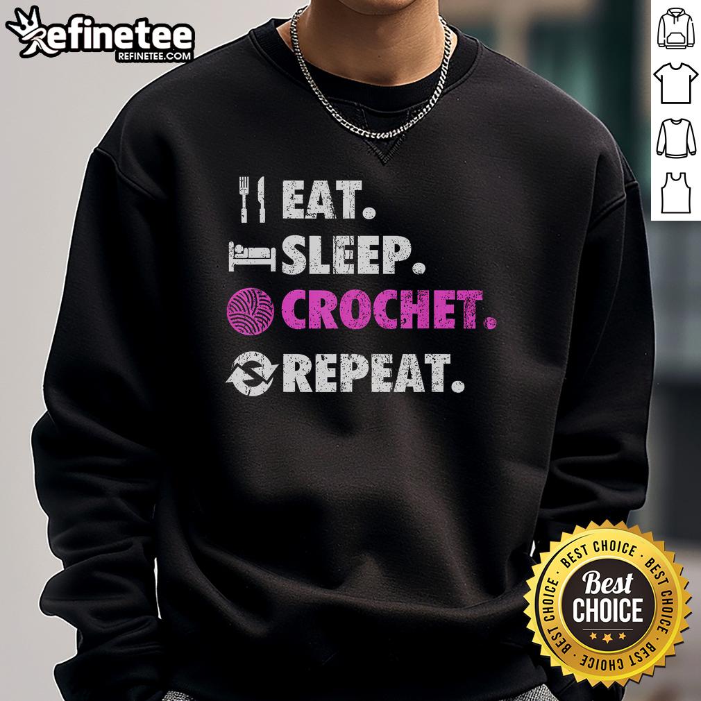 Retro sweatshirt with 'Eat, Sleep, Crochet, Repeat' design perfect for crafty families and crochet enthusiasts.