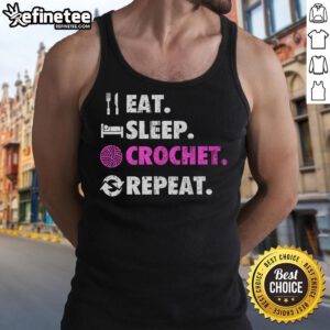 Retro tank top with 'Eat Sleep Crochet Repeat' design, perfect for crafty family and crochet enthusiasts.