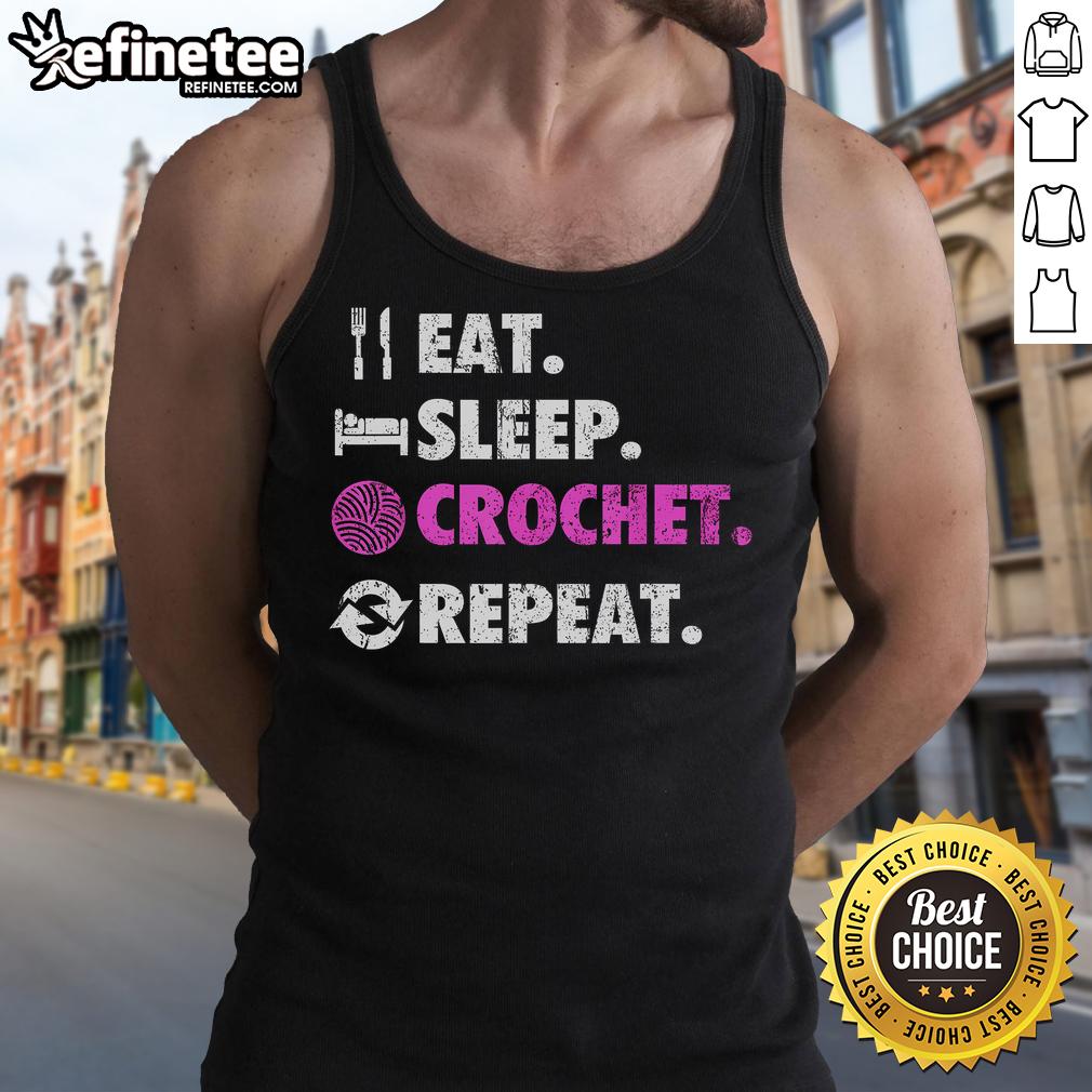 Retro tank top with 'Eat Sleep Crochet Repeat' design, perfect for crafty family and crochet enthusiasts.