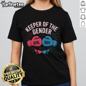 Fun gender reveal party scene featuring women in 'Keeper of the Gender' boxing tees celebrating the big reveal.