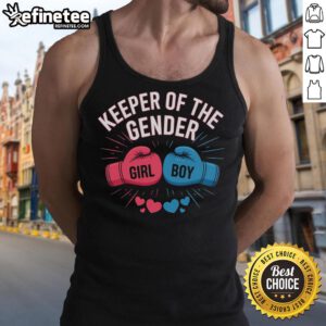 Gender reveal party outfit featuring a stylish 'Keeper of the Gender' boxing tank top in vibrant colors.
