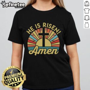 Christian Easter ladies tee featuring 'He Is Risen' graphic, perfect for celebrating the holiday in style.