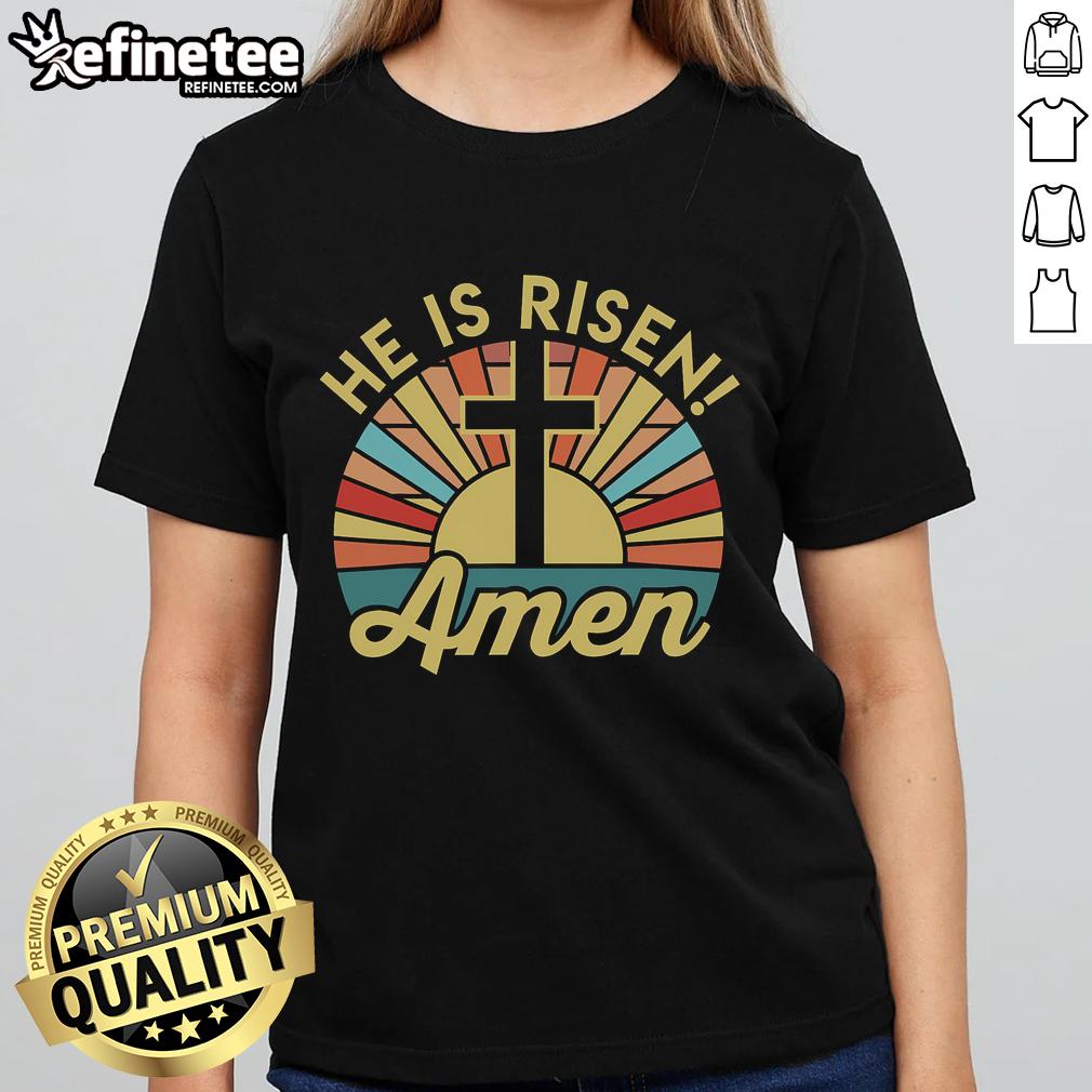 Christian Easter ladies tee featuring 'He Is Risen' graphic, perfect for celebrating the holiday in style.