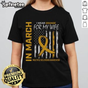 Orange tee for women supporting Multiple Sclerosis awareness, featuring a flag design, perfect for March events.