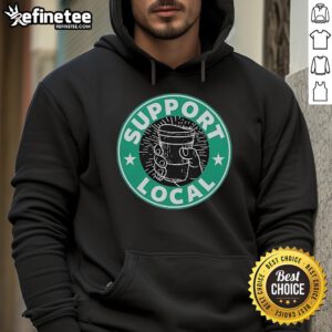 Jaron Myers wearing a 'Support Local' hoodie, promoting community engagement and local businesses.