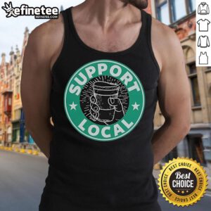 Jaron Myers wearing a 'Support Local' tank top, promoting local businesses with a stylish casual look.