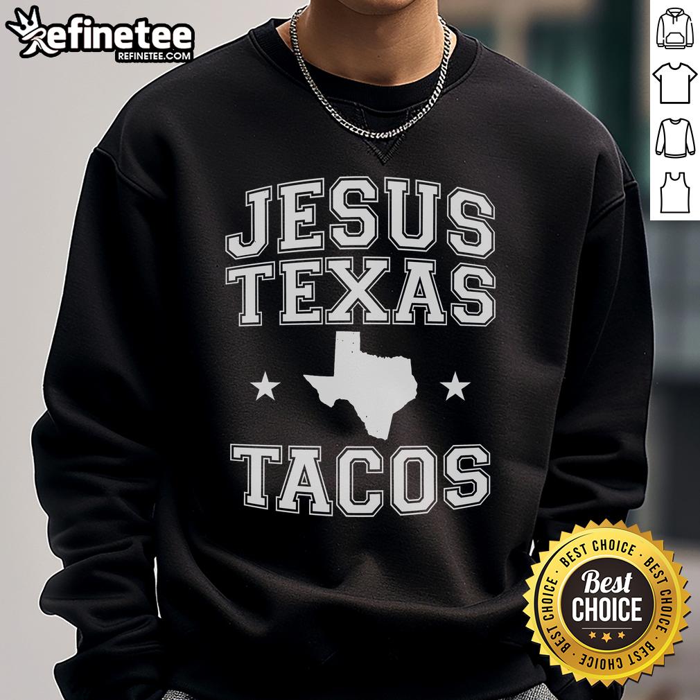Vintage Texas sweatshirt featuring a retro longhorn design and 'Nice Jesus Texas Tacos' slogan, perfect for Texas pride.