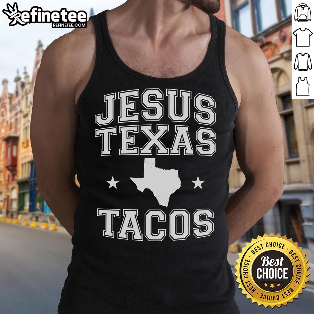 Vintage Texas tank top featuring a longhorn design and 'Nice Jesus' text, perfect for taco lovers and state pride.