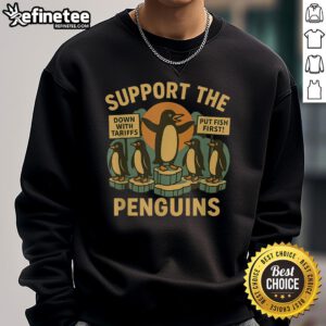 Nice Marching Penguins for Economic Freedom Resist Penguins Against Tariffs Retro Sweatshirt design featuring playful penguins.