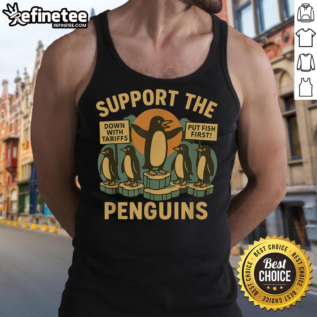 Retro tank top featuring nice marching penguins advocating for economic freedom and resisting tariffs.