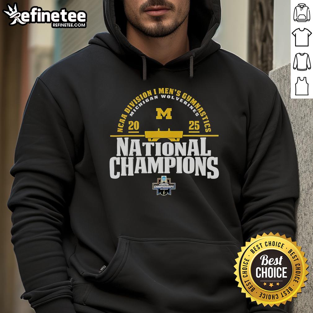 2025 NCAA Division I Men's Gymnastics National Champions hoodie featuring Nice Michigan Wolverines logo and design.