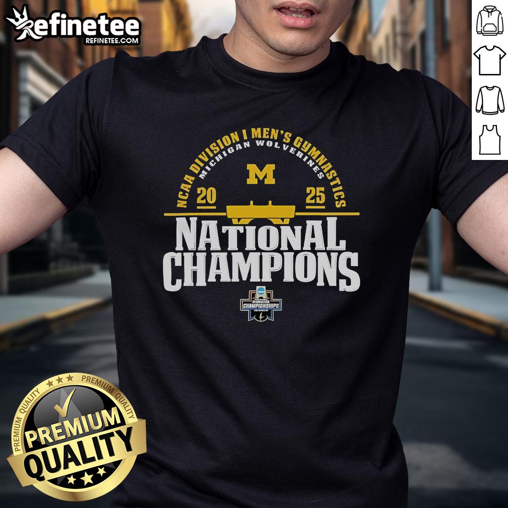Nice Michigan Wolverines 2025 NCAA Division I Men's Gymnastics National Champions T-Shirt in blue and maize colors.