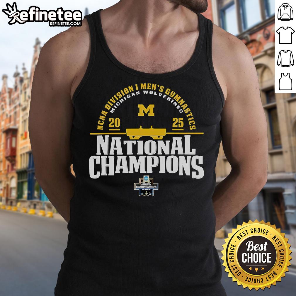 2025 NCAA Division I Men's Gymnastics National Champions tank top featuring Michigan Wolverines logo and design.
