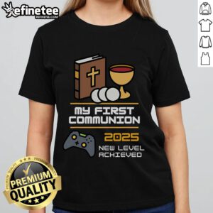 Nice My 1st First Communion 2025 Controller Video Game Ladies Tee featuring a stylish design for gamers celebrating their communion.