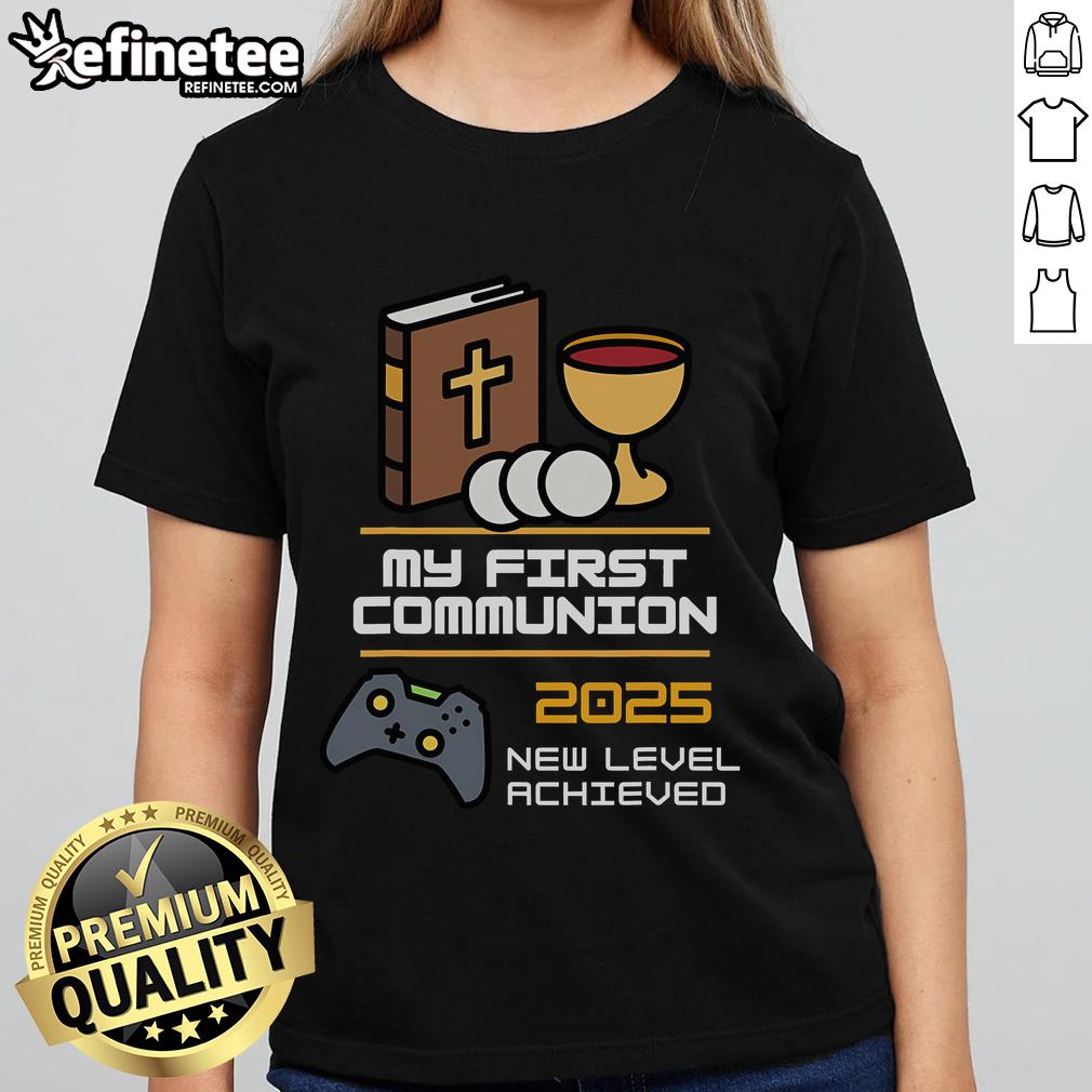 Nice My 1st First Communion 2025 Controller Video Game Ladies Tee featuring a stylish design for gamers celebrating their communion.