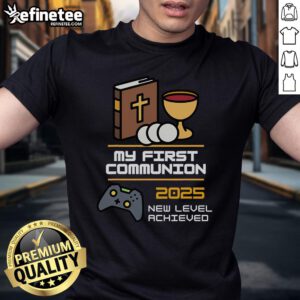 Nice My 1st First Communion 2025 Controller Video Game T-Shirt featuring a fun gaming design for special celebrations.