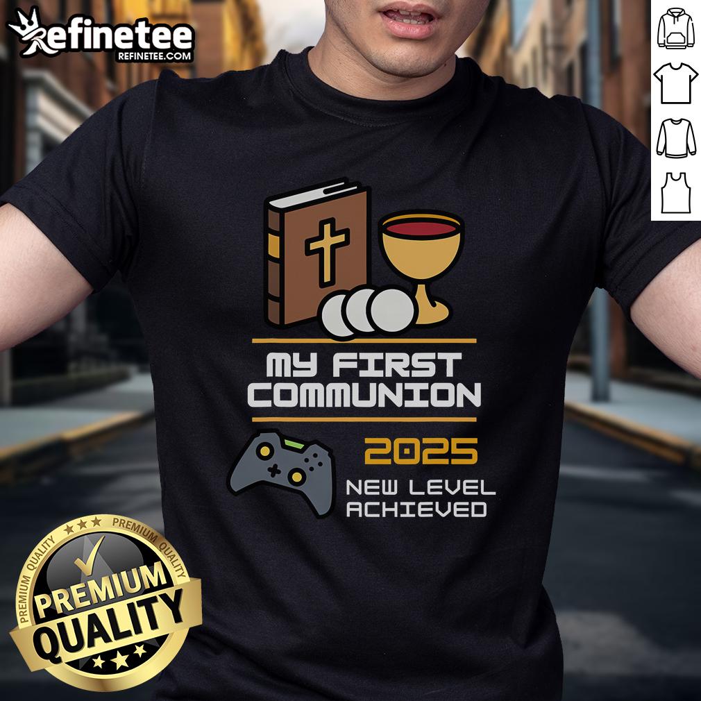 Nice My 1st First Communion 2025 Controller Video Game T-Shirt featuring a fun gaming design for special celebrations.