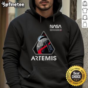 Alt Text: NASA Artemis II mission patch hoodie featuring worm logo and American flag design, perfect for space enthusiasts.